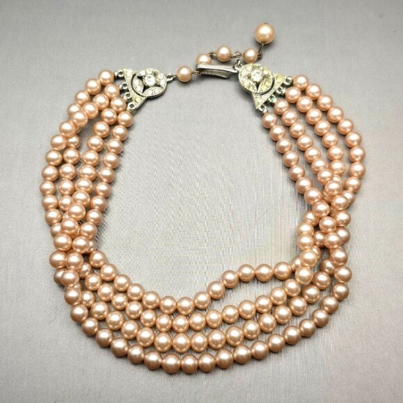 VTG Multi-Strand Faux Pearl Choker Necklace 14.5" Rhinestone Hook Clasp - Picture 2 of 10